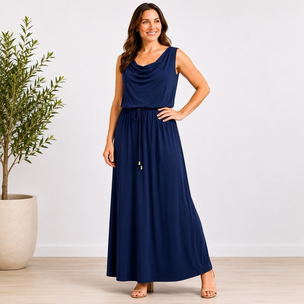SOHO Apparel Ltd Navy Blue Maxi Dress 1X Cowl Neck Sleeveless Drawstring Long